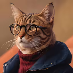 an adult cat wearing glasses looking at the camera