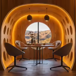 inside an arch looking out to the desert, with two round tables with chairs sitting at them