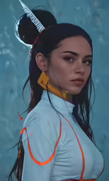 the woman is wearing a hair comb and earrings