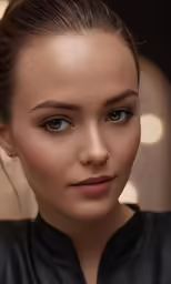 this beautiful brunette woman is wearing black clothing and looks into the camera