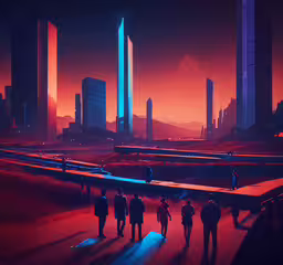 a group of people that are walking across a street,a group of people in a futuristic area of a city