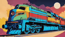 an image of a colorful train engine,a big long train on a train track