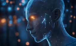 a humanoid man with glowing eyes in front of some blurry lights