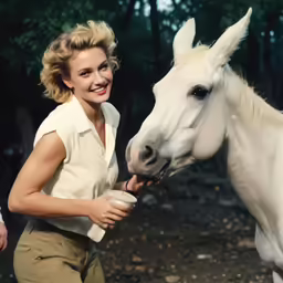 a woman is feeding the horse with her hand
