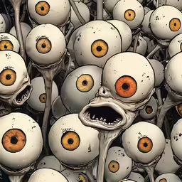 many cartoonish looking figures with eyes, eyes and an odd nose