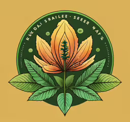 an orange flower with green leaves in front of a brown background,a flower with leaves in a circle
