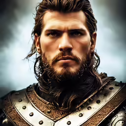 a man with long hair and a beard and spiked leather armor