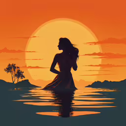 a woman is standing in the water at sunset,a painting of a woman on the ocean under an orange sky