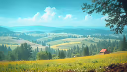 a lonely cabin sits in a grassy field above rolling hills