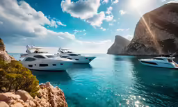 several large motorboats docked at a rocky beach