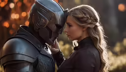 the character in star wars, with her face to face with a knight