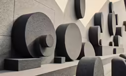 a large sculpture with shapes next to a concrete wall