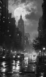 night time cityscape with large, dark - framed image