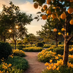 there are a lot of bushes and oranges in this garden