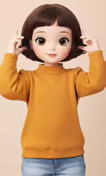 a doll with brown hair is wearing a sweater