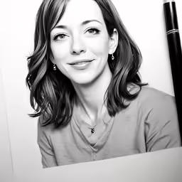 a woman sitting in front of a framed picture