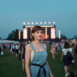 girl in blue dress standing in the grass at an event