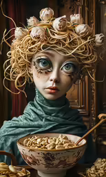 a woman with curls in her hair sitting next to a bowl of cereal
