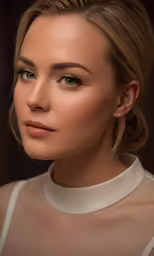 a woman is wearing large earrings and posing for the camera