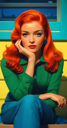 a woman sitting in front of a window with her hand on her cheek