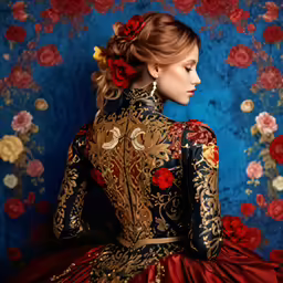 woman in red and black gown standing against blue wall