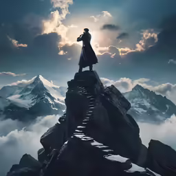 the person is standing on top of the mountain looking down