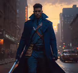 a man in trench coat with sword on street at sunset,the man is holding two swords in the city