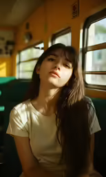 a woman sitting in a train looking off to her left