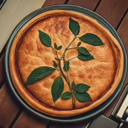 a freshly made pizza with green leaves on it