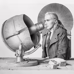 a black and white photo of a woman looking into a telescope