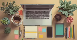 a laptop with note pad, notepad, pens and a cell phone on a table
