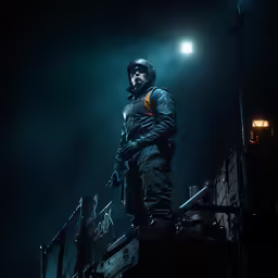 a man standing on top of a train car in the dark