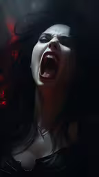 the woman in black is screaming,an evil woman with the open mouth and blood on her body