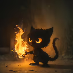 a creepy black cat is on fire with its eyes glowing