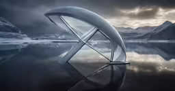 a large curved metal object floating on top of water
