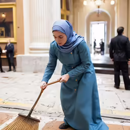 a woman in a blue dress and headscarf sweeps a broom