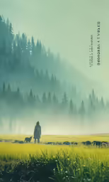 an image of a man and dog walking in the field