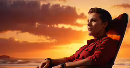 a woman sitting in a chair on the beach with the sun setting,a man sitting on a chair by the ocean