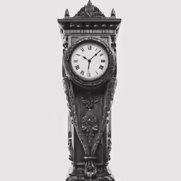 the large clock has a face design on the sides