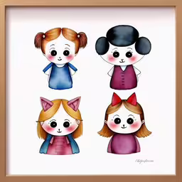 three little girls with their faces in different clothes and hair,three girls with cats on their heads and one girl