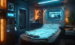 a room with a television, bed and two plants