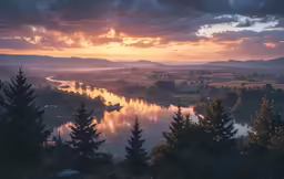 a sun is setting over the river by the mountains