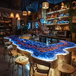 the interior of a restaurant with wooden tables and chairs