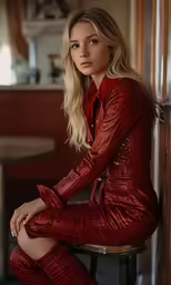 a woman in red and gold boots posing for a photo