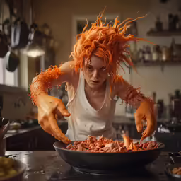 the woman is preparing her dinner in the kitchen