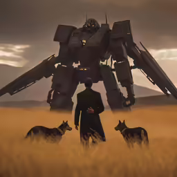 there is a man standing next to dogs in the field