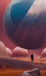 a person standing in front of two large balls of different sizes
