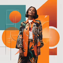 woman wearing orange and black clothing in front of abstract shapes