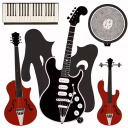 a guitar, keyboard and microphone with music notes