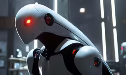 the robot is glowing in the background with lights coming from its eyes